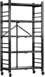 Heavy Foldable Metal Storage Shelves with Wheels - 5-Tier Black Folding Shelving Unit, No Assembly Required, Ideal for Garage, Kitchen, Pantry, Home Office Storage Solutions