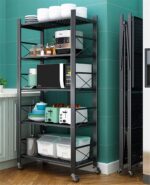 Foldable Storage Shelves Unit,Heavy Duty Kitchen Storage Rack Free Standing Storage Organiser Shelving Unit,5-Tier Folding Shelf Rack Organizer Cart with Rolling Wheels
