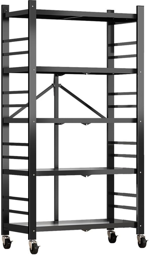 1779796723_512zNvZwy6L._AC_SL1024_.jpg Heavy Duty 5 Tier Folding Shelving Unit with Wheels Easy Assembly Large Storage Rack for Garage Kitchen Pantry Home Office Black Metal Foldable Shelves - Image 1