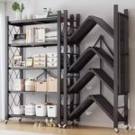 5 Tier Heavy Duty Metal Storage Shelves with Wheels Foldable Shelving Unit for Garage Kitchen Pantry Home Office No Assembly Required Black