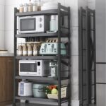 5-Tier Storage Shelving Unit Metal Shelf, Foldable Shelves with Wheels Storage Shelving Unit,Organizers Rolling Cart Display Wire Rack,for Kitchen Garage Home Office,40.5×38×145cm