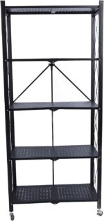 5-Tier Foldable Storage Rack with Large Wheels Heavy-Duty Carbon Steel Shelves for Garage & Kitchen nization Easy Assembly & Mobility Solution