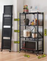 4-Tier Foldable Storage Shelving Cart with Wheels - Versatile for Bedroom, Kitchen, Bathroom, Dining Room, Garage, and Office - Space-Saving Black Shelf Unit - Image 2