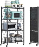 ZICCO Home Brand 4 Tier Shelf Foldable Storage Shelving Unit with Wheels, Multi-Shelf Foldable Storage Shelves Metal Rack Display for Garage Kitchen Pantry Closet Laundry, Black 70x34x127cm