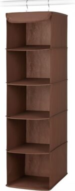 5-Shelf Hanging Closet Organiser, Brown, Sturdy Metal Frame, 88.9cm Height, with 6 Side Pockets for Clothes, Shoes and Accessories Storage - Image 4