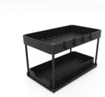 Qunix 1 Pc Under Sink Organiser│ Multi-Purpose Storage Cabinet Organiser For Kitchen & Bathroom│Space Saver 2-Tier Sliding Rack For Workspace│Compactable Nonslip Stand For Laundry With 4 Hooks【Black】 - Image 9
