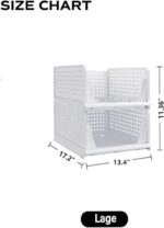 Stackable Plastic Storage Basket, Foldable Closet Organizers and Storage Bins, Drawer Shelf Storage Container for Wardrobe Cupboard Bedroom Bathroom Office, White Large, 2 Pack - Image 3