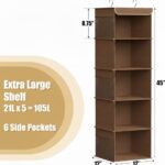 5-Shelf Hanging Closet Organiser, Brown, Sturdy Metal Frame, 88.9cm Height, with 6 Side Pockets for Clothes, Shoes and Accessories Storage - Image 3