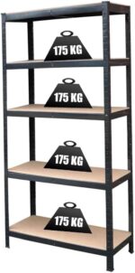 Foldable and Expandable Metal Shelf Unit for Home & Garage 180x90x40cm 5-Tier MDF Board Storage Rack Easy Assembly Sturdy & Stylish Black Design.