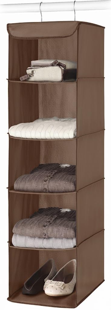 516lSzv8tL._AC_SL1024_.jpg 5-Shelf Hanging Closet Organiser, Brown, Sturdy Metal Frame, 88.9cm Height, with 6 Side Pockets for Clothes, Shoes and Accessories Storage - Image 1