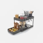 Qunix 1 Pc Under Sink Organiser│ Multi-Purpose Storage Cabinet Organiser For Kitchen & Bathroom│Space Saver 2-Tier Sliding Rack For Workspace│Compactable Nonslip Stand For Laundry With 4 Hooks【Black】 - Image 3