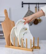 Lawei 4 Pack Bamboo Dish Drying Rack, Plate Rack Stand Pot Lid Holder, Dish Organizer Rack for Plates, Cups, Bowls, Dish, Cutting Board, Drying Rack Stand Drainer, Kitchen Cabinet Organizer - Image 5