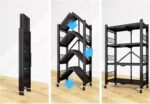 5-Tier Folding Storage Shelves, Rolling Heavy Duty Collapsible Shelves With Wheels, Metal Shelving Units Storage Rack For Kitchen Garage Shelf, Black, No Assembly - Image 5