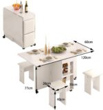 Foldable Dining Table with 4 Padded Chairs,Rolling Dining Table and Chair Set for 4 Seaters,Kitchen Room Desk with Storage Shelves, Expandable Table with Upholsered Stools for Home Small Space (White) - Image 2
