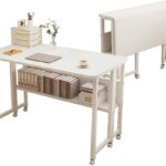 Folding Desk with Wheels and Storage Shelf, Mobile Foldable Computer Table in Multiple Colors & Sizes, Compact Rolling Desk for Small Spaces, Easy Assembly (White, 80 * 58 * 75cm)
