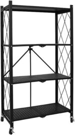 4-Tier Heavy Duty Foldable Metal Rack Storage Shelving Unit with Wheels Moving Easily Organizer Shelves Great for Garage Kitchen Holds up to 1000 lbs Capacity, Black