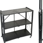3-Tier Foldable Storage Shelf with Wheels - Metal Collapsible Shelving Unit Display, Rolling Cart for Books Kitchen Storage Shelves, Pantry & Closet Organizer，No assembly required White Color
