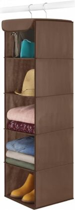 5-Shelf Hanging Closet Organiser, Brown, Sturdy Metal Frame, 88.9cm Height, with 6 Side Pockets for Clothes, Shoes and Accessories Storage - Image 6