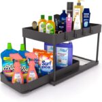 Qunix 1 Pc Under Sink Organiser│ Multi-Purpose Storage Cabinet Organiser For Kitchen & Bathroom│Space Saver 2-Tier Sliding Rack For Workspace│Compactable Nonslip Stand For Laundry With 4 Hooks【Black】