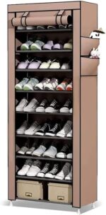 Sulfar Foldable Shoe Rack | 10-Tier Shoe Organizer with Cover | Stores up to 27 Pairs | Portable Shoe Storage Cabinet for Home & Entryway | 157 x 59 x 28 cm | Beige