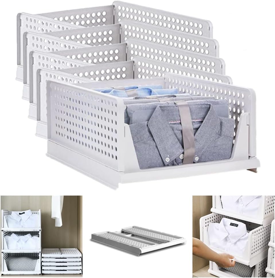 610djpVNa4L._AC_SL1000_.jpg Stackable Clothes Plastic Storage Basket-Foldable Closet Organizer Shelf Cloth Holder-Drawer Rack Storage Containers Underwear Storage Bin for Wardrobe Cupboard Kitchen Bathroom Large White*5 - Image 1