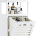 HITNET Bamboo Tilt Out Hamper, 10 Gal Bathroom Laundry Cabinet with Hidden Foldable Basket, Freestanding Clothes Storage Organizer with Storage Shelf, White