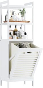 HITNET Bamboo Tilt Out Hamper, 10 Gal Bathroom Laundry Cabinet with Hidden Foldable Basket, Freestanding Clothes Storage Organizer with Storage Shelf, White