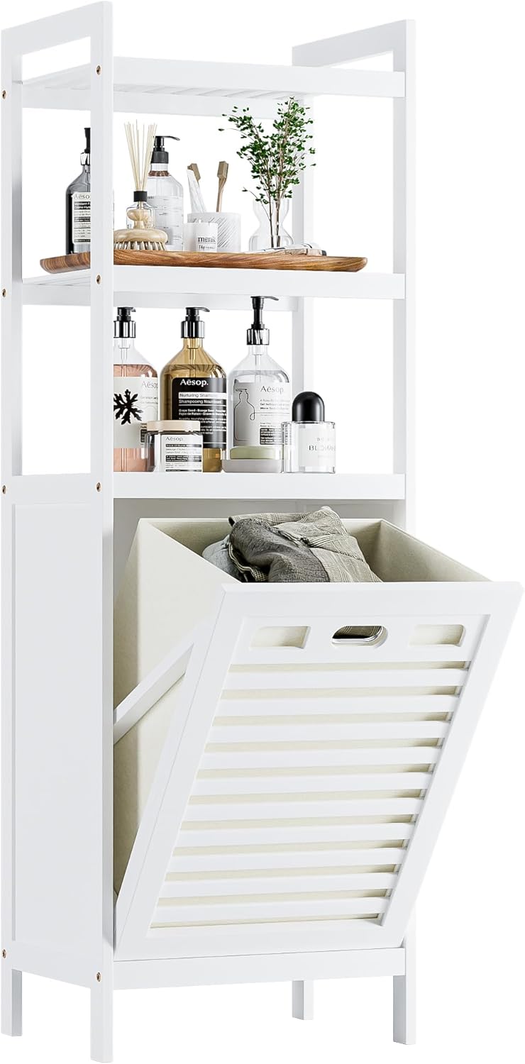 6166rNtp8HL._AC_SL1500_.jpg HITNET Bamboo Tilt Out Hamper, 10 Gal Bathroom Laundry Cabinet with Hidden Foldable Basket, Freestanding Clothes Storage Organizer with Storage Shelf, White - Image 1