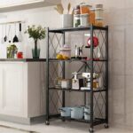 Toshionics 3/4/ 5 shelf Foldable Storage Shelf Unit with Wheel, Heavy Duty Storage Shelving Unit for Kitchen Garage Laundry Bathroom Office, No Assembly Needed 360 steering (4 Layer, Black)