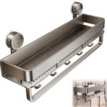 Wall Mounted Spice Rack, 40cm Metal Shower Caddy Organizer with 5 Hooks & Towel Bar, No Drilling Suction Cup Shower Shelf Rustproof Hanging Holder for Bathroom Kitchen Cabinet Corner Storage Rack