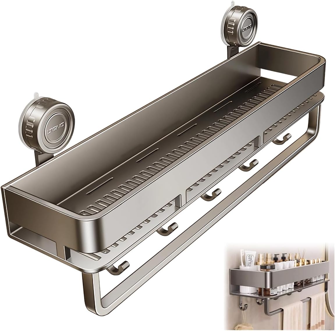 6185Tvpv-LL._AC_SL1200_.jpg Wall Mounted Spice Rack, 40cm Metal Shower Caddy Organizer with 5 Hooks & Towel Bar, No Drilling Suction Cup Shower Shelf Rustproof Hanging Holder for Bathroom Kitchen Cabinet Corner Storage Rack - Image 1