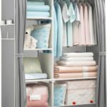 Beauenty 105CM Wide Foldable Closet, Non-Woven Fabric Cloth Storage Organizer with Hanging Rail and Shelves，Side Pull Portable Wardrobe (Grey)