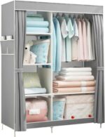 Beauenty 105CM Wide Foldable Closet, Non-Woven Fabric Cloth Storage Organizer with Hanging Rail and Shelves，Side Pull Portable Wardrobe (Grey)