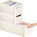 3Pcs Clothes Drawer Organiser with Handle, Expandable Drawer Divider Organizers 8L-14L, Foldable Storage Box for Scarves, Plastic Clothing Storage Basket Wardrobe Storage Organiser for Shelves