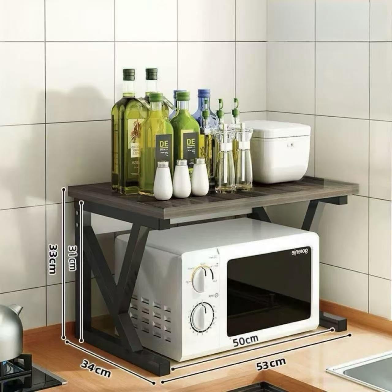619i7H-J9lL._AC_SL1280_.jpg Kitchen Countertop Organizer Cabinet Shelf, 17.3x12.6 Large Spice Racks Counter Shelf Microwave Oven Rack Desktop Storage Organization for Kitchen, Office, Metal & Wood, Maple (black-2 layer) - Image 1