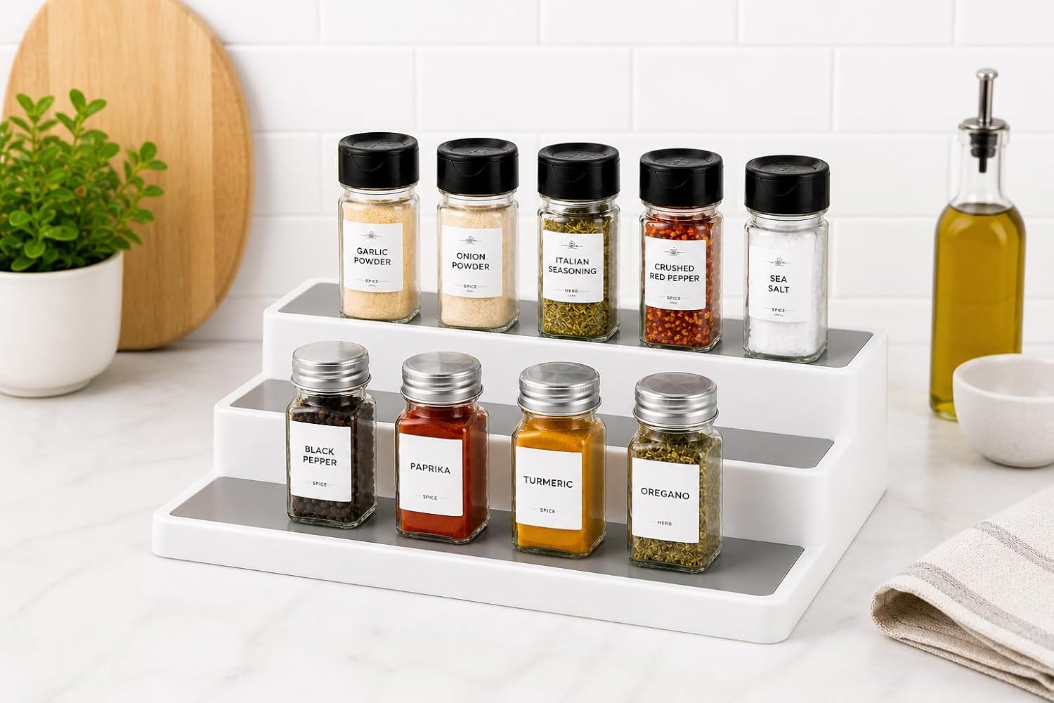 61ATCoxGlzL._AC_SL1500_.jpg 3-Tier Spice Rack Organizer – Non-Skid Kitchen Cabinet Shelf for Bottles, Jars & Seasonings | Expandable Countertop Storage Stand (White) - Image 1