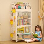 Kids Bookshelf, 2 Tier Montessori Bookcase Book Shelf with Wheels & DIY Pegboard, Foldable Storage Cabinet, Magazine Rack Book Storage Rack and Storage for Kids Rooms, Bedroom