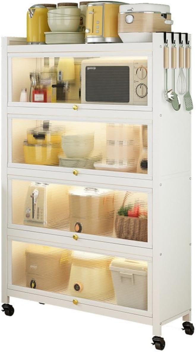 61CTt6dvQL._AC_SL1200_.jpg SKY-TOUCH 5 Layer Kitchen Storage Cabinets with Locking Wheels, Metal Cabinet with 4 Visual Drawer Doors Large Storage Space, for Kitchen>Home>Office - 144x80x32cm, White - Image 1