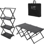 Crystalberry 2 in 1 Folding Shelf Storage Rack, 3-Tier Heavy Duty Foldable Metal Rack Storage Shelving Unit, Aluminum Alloy Organizer Shelves with Carry Bag for Kitchen Camping Picnic
