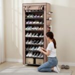Sulfar Foldable Shoe Rack | 10-Tier Shoe Organizer with Cover | Stores up to 27 Pairs | Portable Shoe Storage Cabinet for Home & Entryway | 157 x 59 x 28 cm | Beige - Image 2