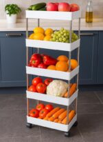 Made for Amazon Plastic Space Saving Storage Organizer Rack Shelf with Wheels(2 Lock,2 Unlock) for Kitchen, Office, Bathroom and Bedroom (5 Layer, White)