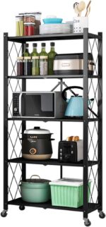 Lightweight and Convenient 5 Tier Folding Shelf Kitchen Shelf Organizer Rack Foldable Rolling Cart for Living Room Bathroom Balcony - No Assembly Required/Black/71X39X163Cm