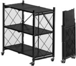 3 Tier Storage Organizer, Foldable Racks with 4 Swivel Wheels, Multipurpose Freestanding Rack Shelf Storage for Bedroom Kitchen Garage Bathroom Living Room