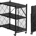 3 Tier Storage Organizer, Foldable Racks with 4 Swivel Wheels, Multipurpose Freestanding Rack Shelf Storage for Bedroom Kitchen Garage Bathroom Living Room