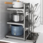 Pots and Pans Organizer Rack for Cabinet, 3L Heavy Duty Under Sink Pot lid organizer, 3 Adjustable Tiers Carbon Steel Cabinet Organizers and Storage for Big Stock Pots, Heavy Cookware, Black