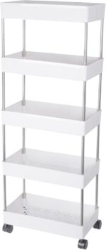 Made for Amazon Plastic Space Saving Storage Organizer Rack Shelf with Wheels(2 Lock,2 Unlock) for Kitchen, Office, Bathroom and Bedroom (5 Layer, White) - Image 7
