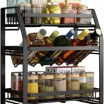 Arabest Spice Rack Organizer, 3-Tier Large Foldable Metal Spice Storage Rack for Countertops with Shelf Liner, Seasoning Organizer Spice Shelf Kitchen Counter Storage for Kitchen Office (Black)