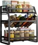 Arabest Spice Rack Organizer, 3-Tier Large Foldable Metal Spice Storage Rack for Countertops with Shelf Liner, Seasoning Organizer Spice Shelf Kitchen Counter Storage for Kitchen Office (Black)