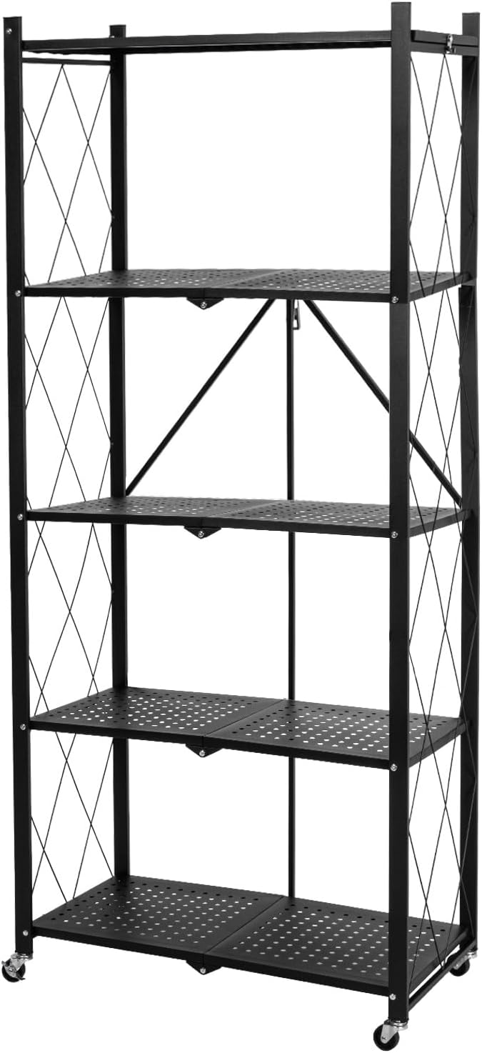 61QDhzEBuSL._AC_SL1500_.jpg KSEIBI 5-Tier Carbon Steel Folding Storage Rack, 71.5 cm x 34 cm x 160 cm Size, Black - Image 1
