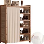 Bamboo Shoe Cabinet with Dustproof Cover, 6 Tiers Closed Entryway Shoes Shelf Freestanding Boots Storage Racks Organizer, Curtained Shoes Stand Kitchen Cabinet for Home Office 70x24x99cm